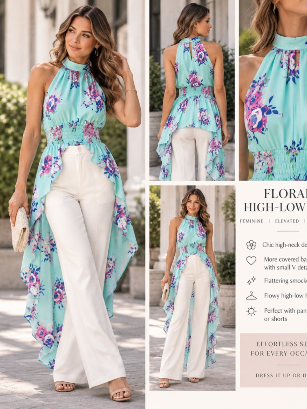 Mint Floral High-Low Halter Top Smocked Waist Flowy Tunic